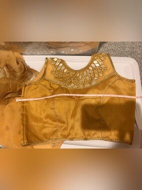 Embroidered Gold Mirror Work Crop Blouse with Matching Dupatta